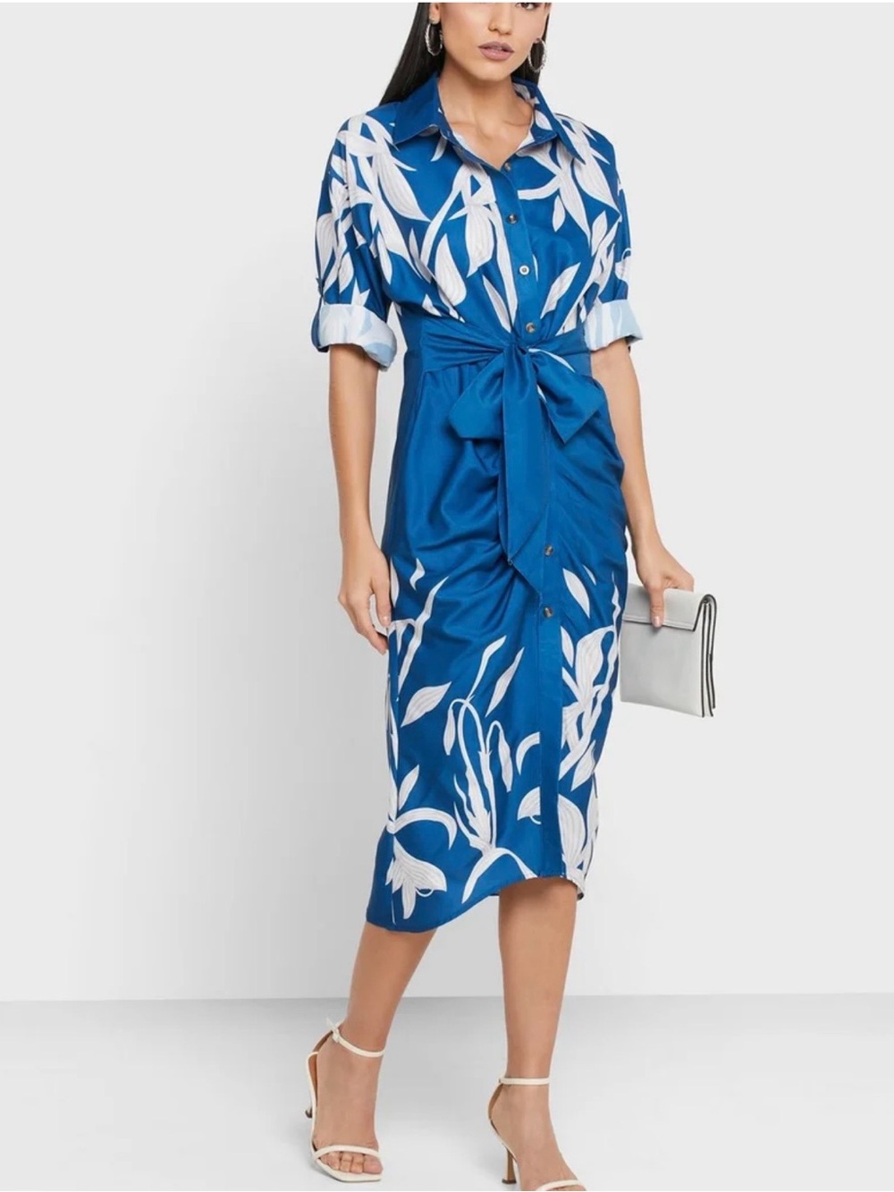 Blue Floral Tie-Waist Ruched Button Dress